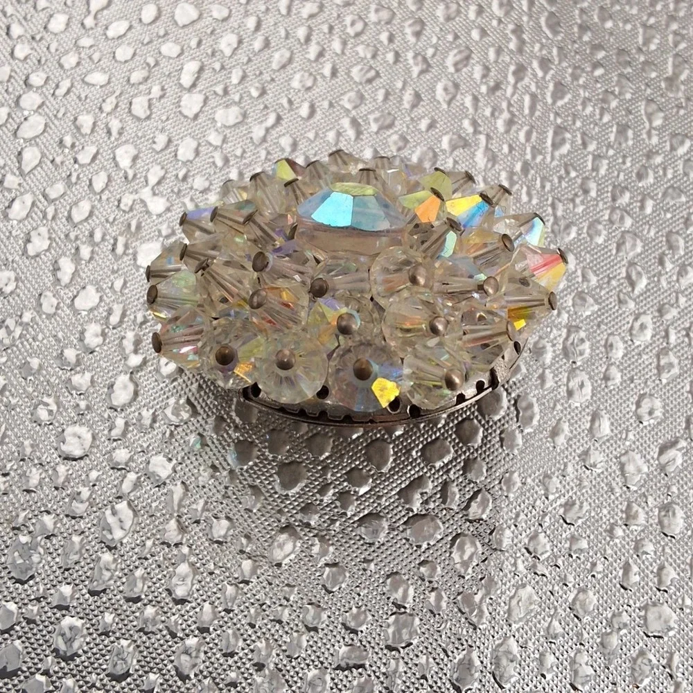 Vintage Aurora Borealis Atomic Starburst Brooch Iridescent Beaded MCM Pin Silver